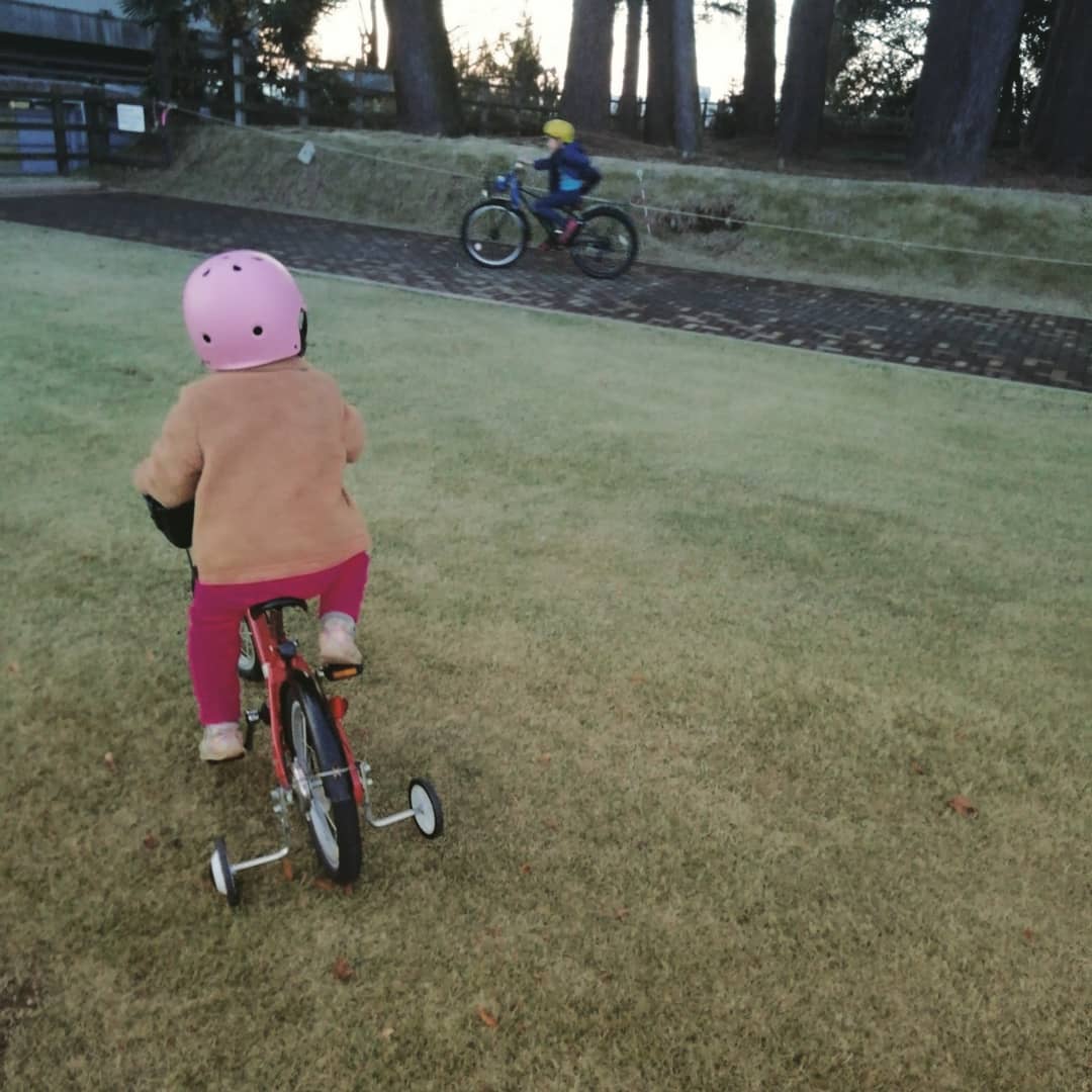 数日前に新しい自転車をプレゼントしてもらい、嬉しくてビュンビュン走り回る兄ちゃんとお兄ちゃんのお下がりの自転車を譲り受け、補助輪デビューしたてだけど、なんとかお兄ちゃんの側に行こうとする妹